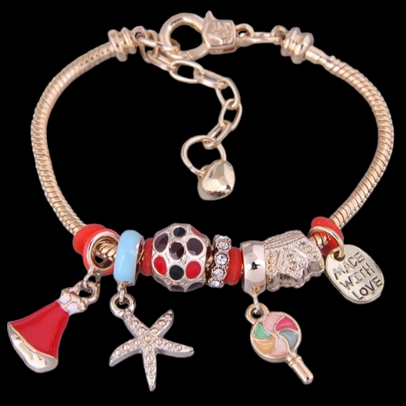 Charm Bracelet Red & Gold Tone With Starfish Lollipop Dress - Picture 8 of 10
